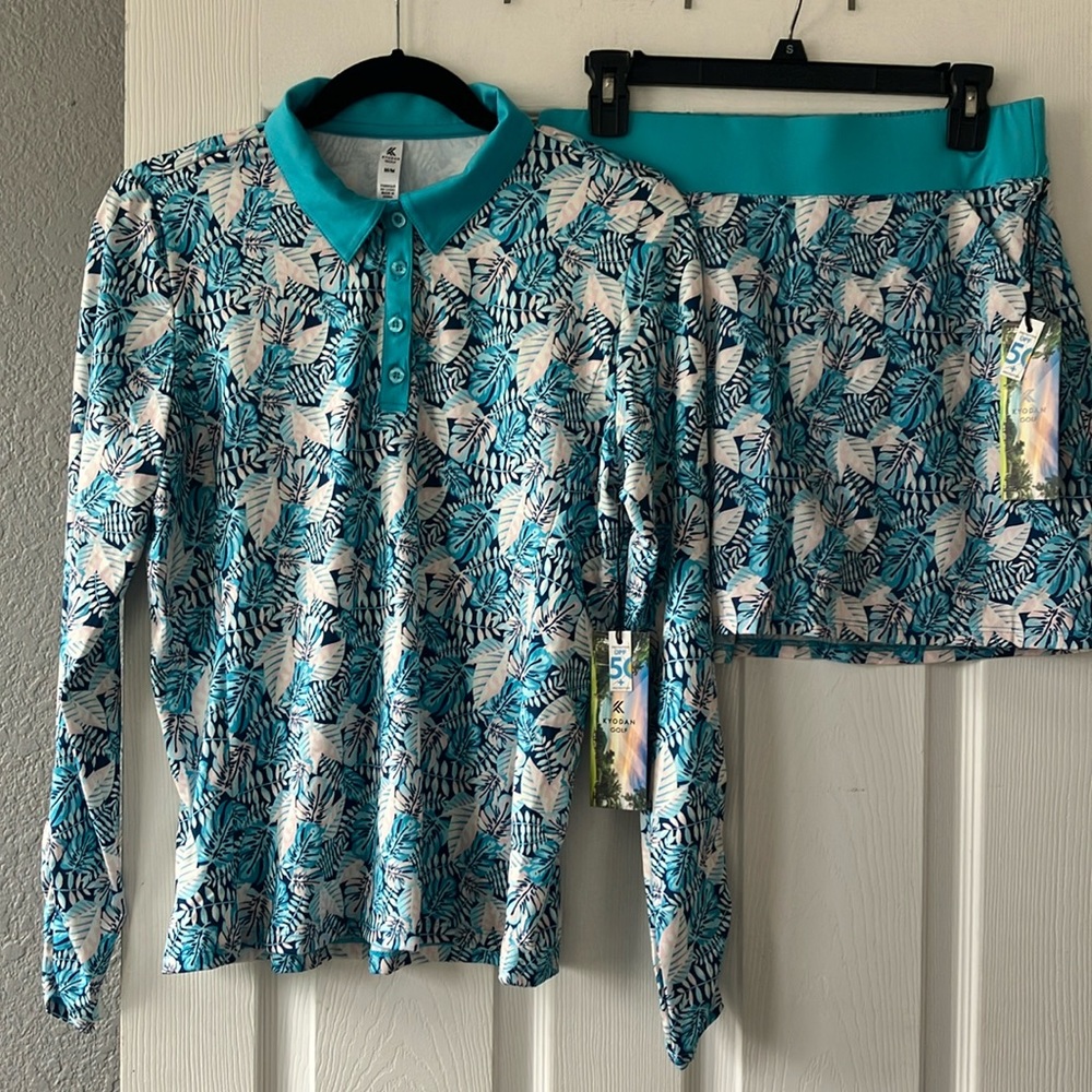 Kyodan Golf 2 piece set, long sleeve top and matching skort, UPF 50, Palm print